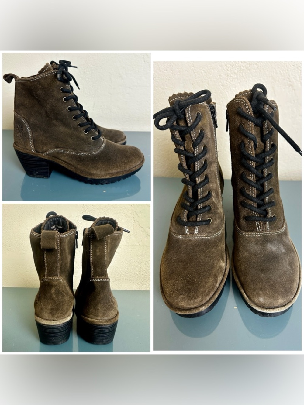 Fly London Women Wune Lace Up Suede Heel Bootie Diesel Oil 39 US 8 - 8.5 M Brown